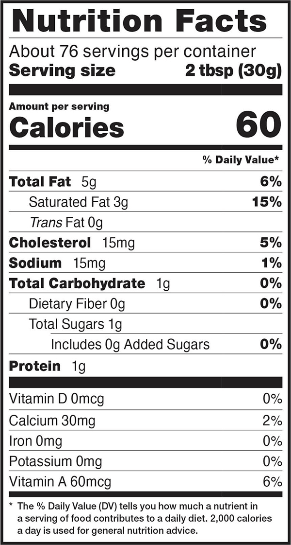 Nutrition facts for 5 LB. ALL NATURAL